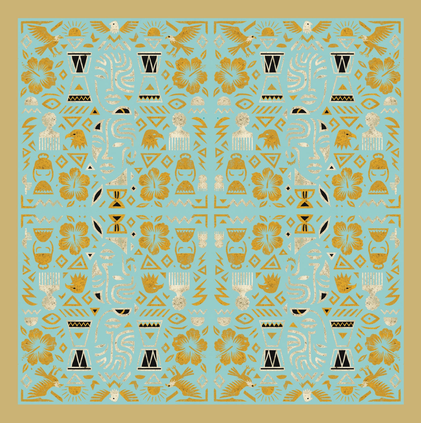 I Don't See Colour Cyan Gold 100% Silk Charmeuse Square Scarf by House of Nyabinghi - African Afrofuturism digital print Mawu and Lisa luxury fashion accessory for Spring Summer 2025