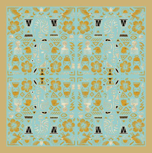 I Don't See Colour Cyan Gold 100% Silk Charmeuse Square Scarf by House of Nyabinghi - African Afrofuturism digital print Mawu and Lisa luxury fashion accessory for Spring Summer 2025