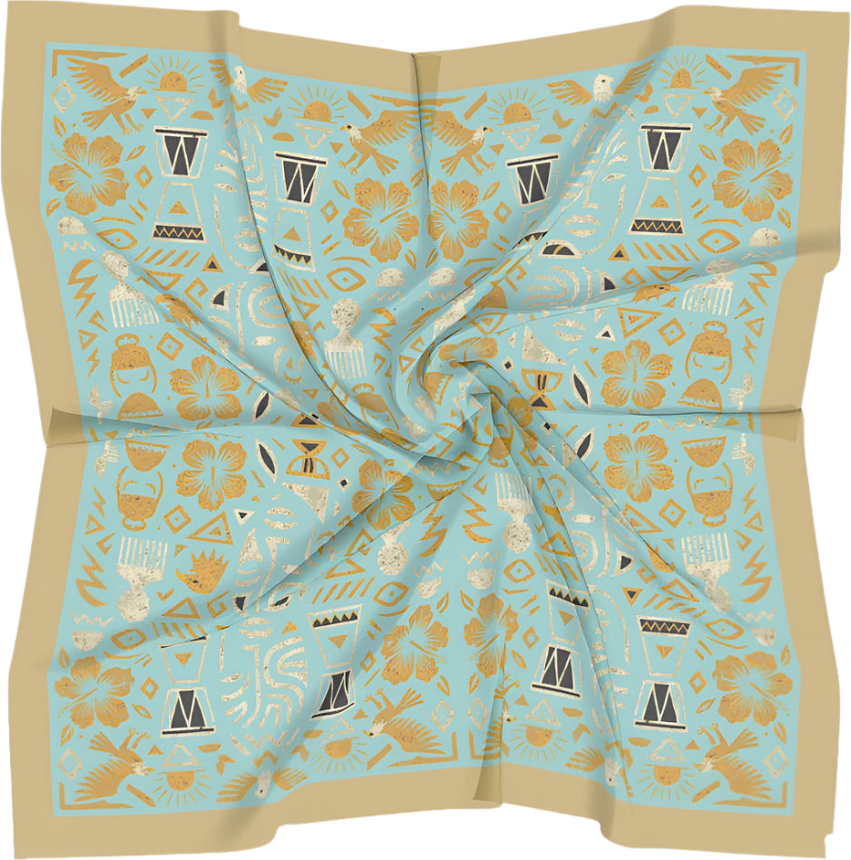 I Don't See Colour Cyan Gold 100% Silk Charmeuse Square Scarf by House of Nyabinghi - African Afrofuturism digital print Mawu and Lisa luxury fashion accessory for Spring Summer 2025