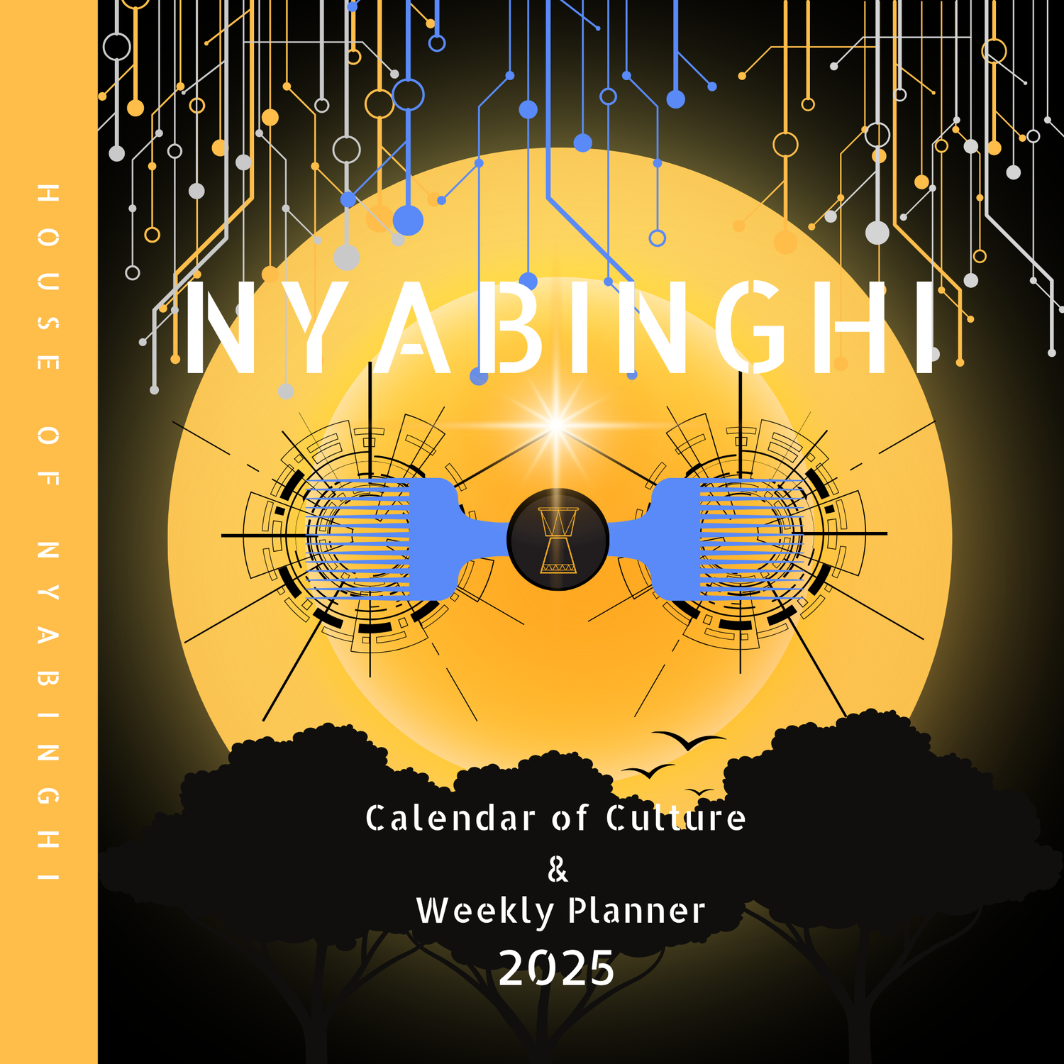 Golden moon in a night sky with two blue afro combs,peaking above a canopy of trees 