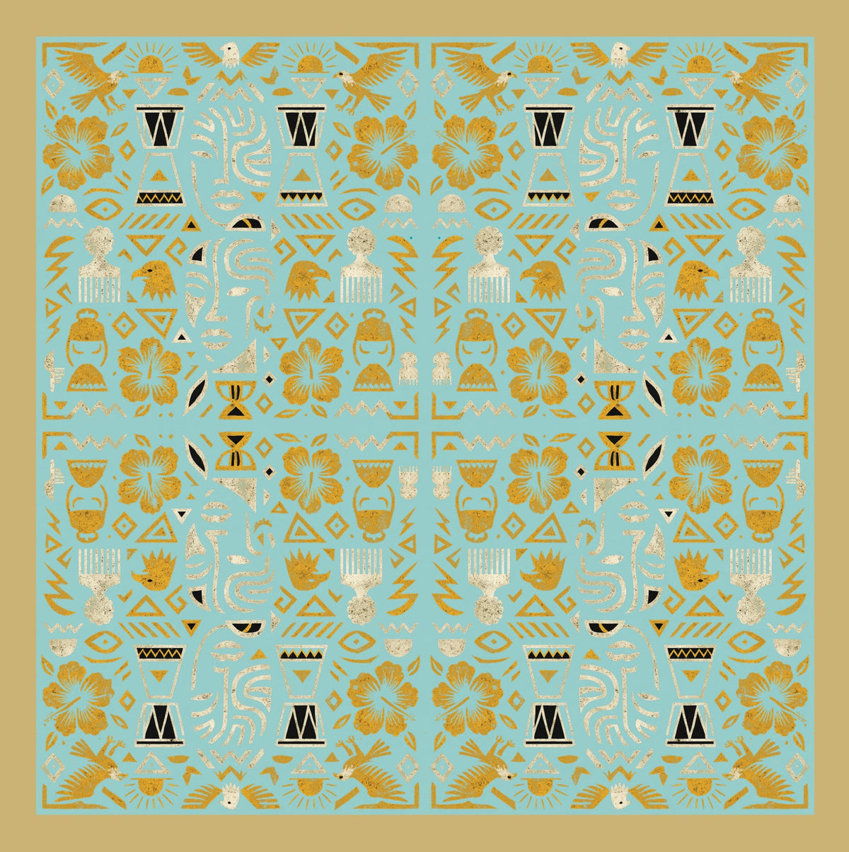 I Don't See Colour Cyan Gold 100% Silk Charmeuse Square Scarf by House of Nyabinghi - African Afrofuturism digital print Mawu and Lisa luxury fashion accessory for Spring Summer 2025