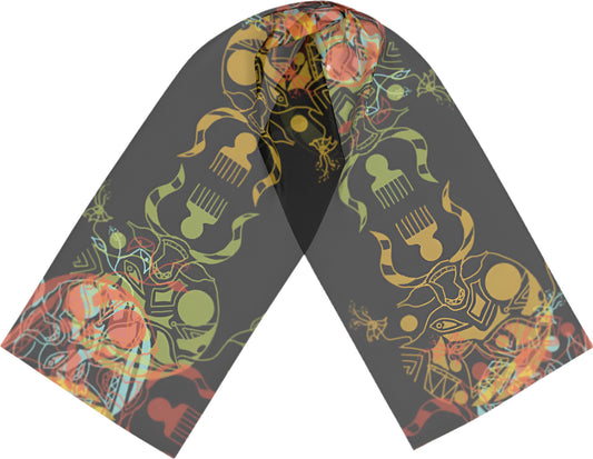 I Don't See Colour Black Yellow Green 100% Silk Charmeuse Long Scarf by House of Nyabinghi - African Afrofuturism digital print Mawu and Lisa luxury fashion accessory for Spring Summer 2025