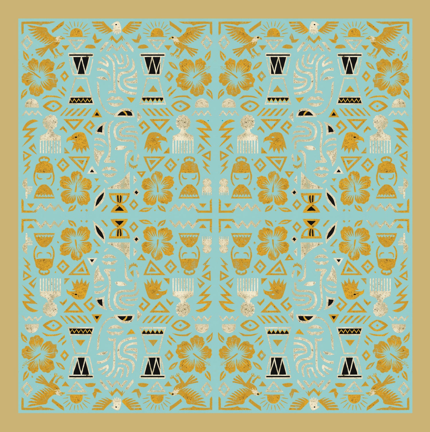 I Don't See Colour Cyan Gold 100% Silk Charmeuse Square Scarf by House of Nyabinghi - African Afrofuturism digital print Mawu and Lisa luxury fashion accessory for Spring Summer 2025