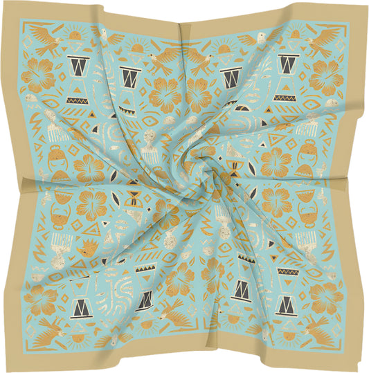 I Don't See Colour Cyan Gold 100% Silk Charmeuse Square Scarf by House of Nyabinghi - African Afrofuturism digital print Mawu and Lisa luxury fashion accessory for Spring Summer 2025
