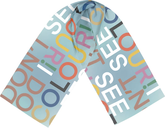 I Don't See Colour Grey / Cyan 100% Silk Charmeuse Long Scarf by House of Nyabinghi - African Afrofuturism digital print typograpgy luxury fashion accessory for Spring Summer 2025 