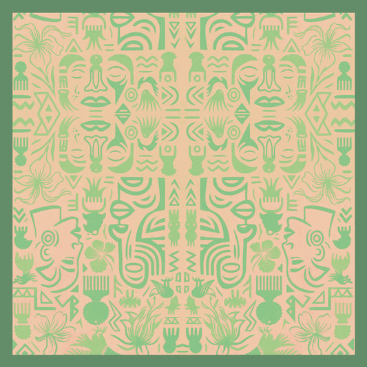 I Don't See Colour Orange Yellow Green 100% Silk Charmeuse Square Scarf by House of Nyabinghi - African Afrofuturism digital print Mawu and Lisa luxury fashion accessory for Spring Summer 2025
