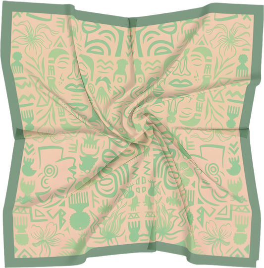 I Don't See Colour Orange Yellow Green 100% Silk Charmeuse Square Scarf by House of Nyabinghi - African Afrofuturism digital print Mawu and Lisa luxury fashion accessory for Spring Summer 2025